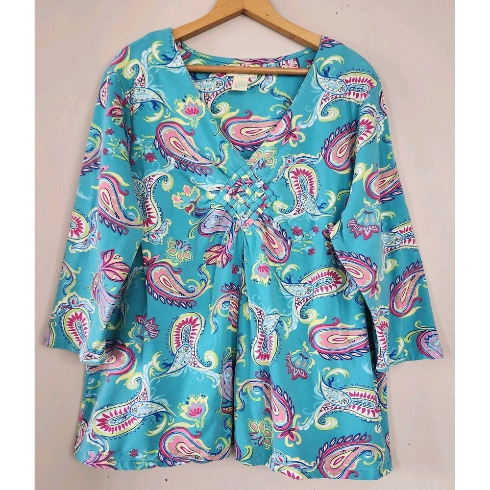 Caribbean Joe Womens 2X Teal Paisley 3/4 Sleeve V Neck Top Shirt Woven Accent